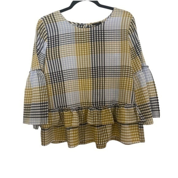 Ann Taylor Factory Tops - Ann Taylor‎ Factory peplum blue & yellow plaid bell sleeve N060